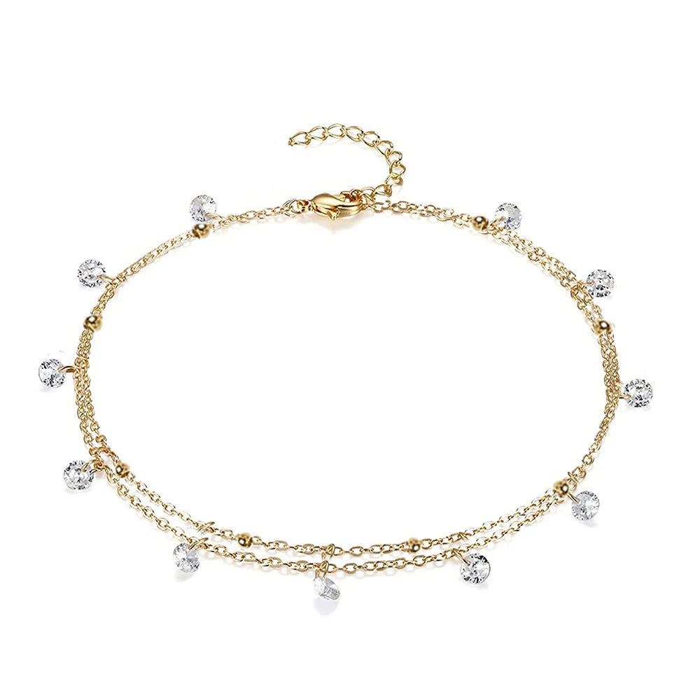 Tornozeleira em Aço Inoxidável Multicamadas com Pingente de Tassel e Cristais de Zircônia