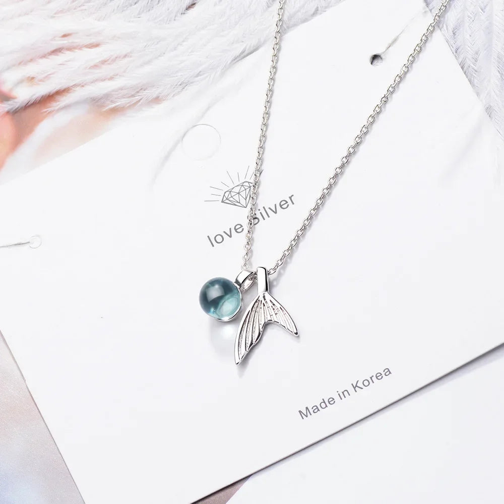 Colar de Pingente com Cauda de Sereia e Contas de Safira em Prata Esterlina S925